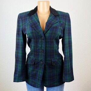 Vintage 90s Style Green and Black Plaid Blazer Jacket